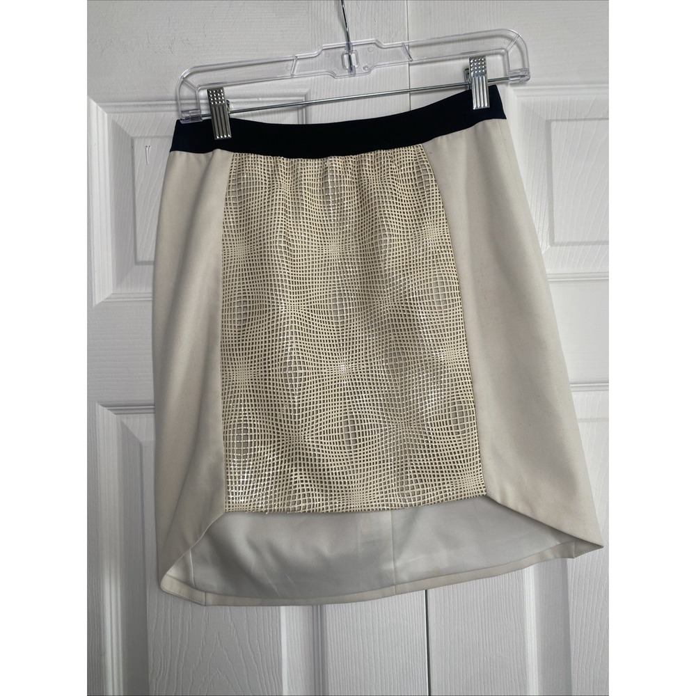 Mason by Michelle Mason Leather Lattice High Low Skirt Womens Size 4 Cream Black